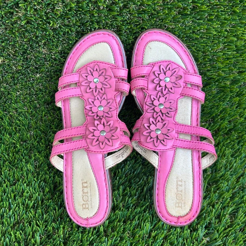 Born Pink Leather Floral Wedge Sandals Strappy Slide 7 38 W51892 CKL11